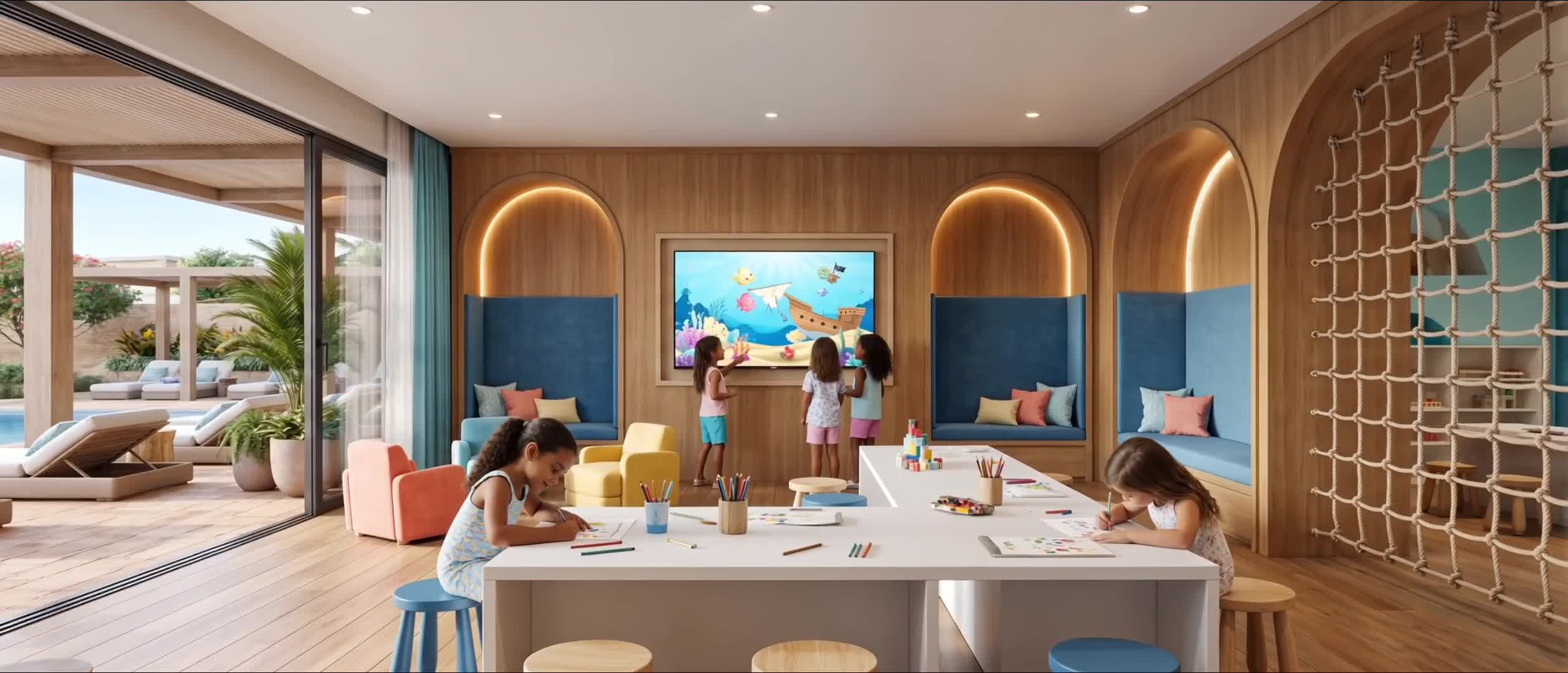 The Nest children’s activity room with art tables and climbing net