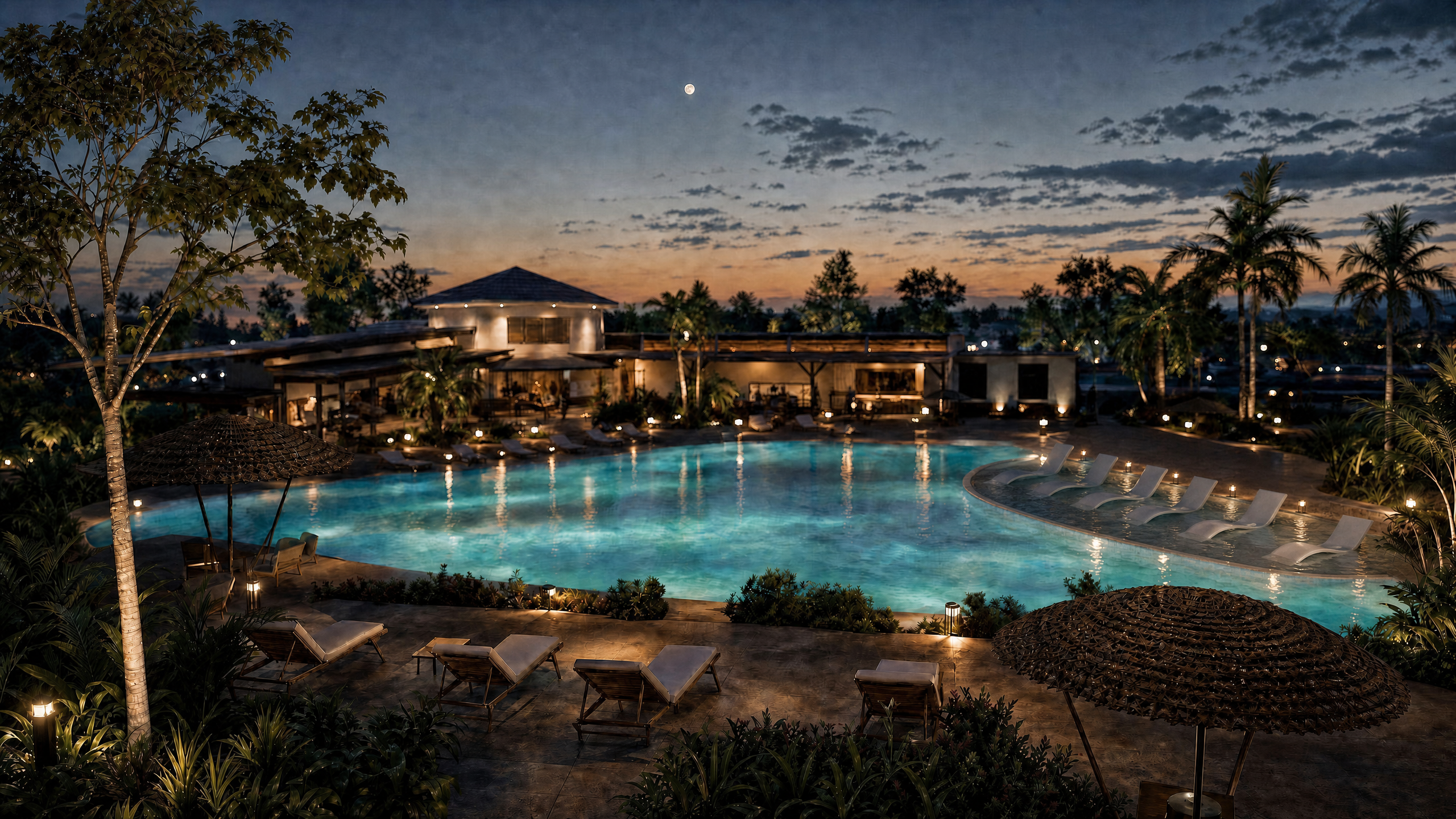 The Nest lagoon-style pool illuminated at dusk