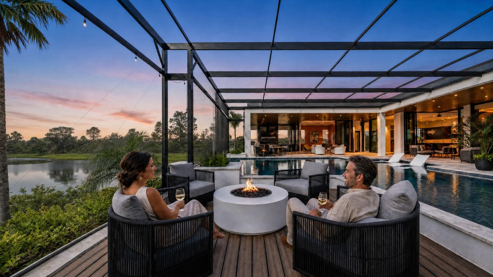 Friends relaxing around a fire on a screened lanai at sunset